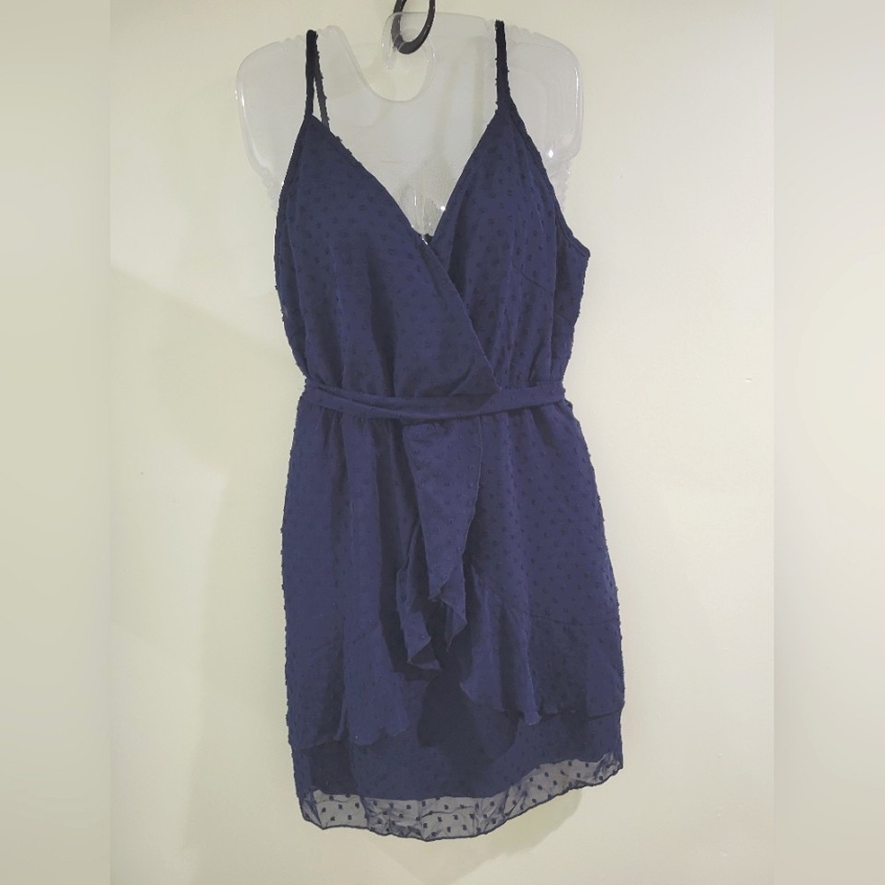 NEW Spaghetti strap chiffon layered Ruffle wrap slip dress w/ dot pattern. M - Picture 5 of 16